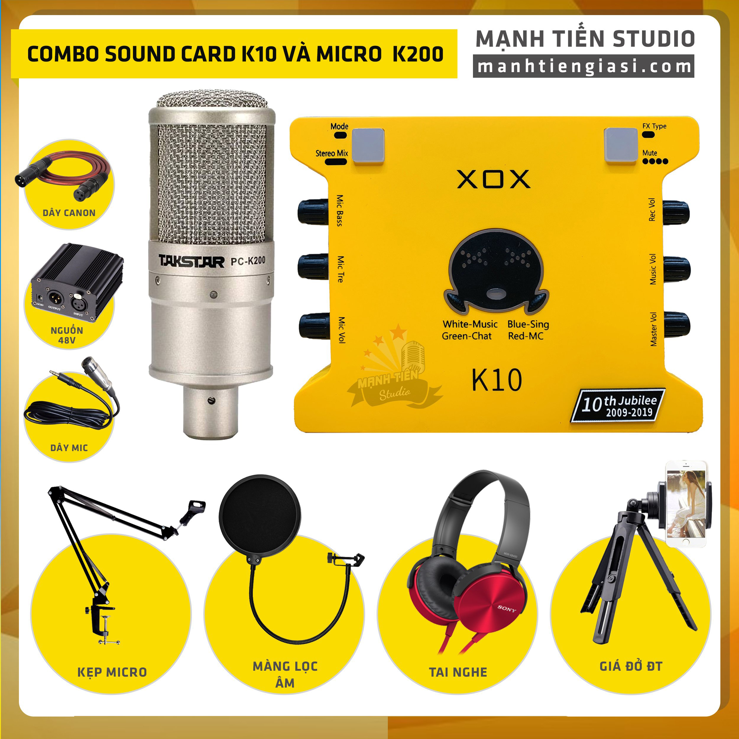 Combo thu âm, livestream Micro TakStar PC-K200, Sound card XOX K10 Jubilee - Kèm full phụ kiện nguồn 48V, kẹp micro, màng lọc, tai nghe, giá đỡ ĐT - Hỗ trợ thu âm, karaoke online chuyên nghiệp - Hàng nhập khẩu