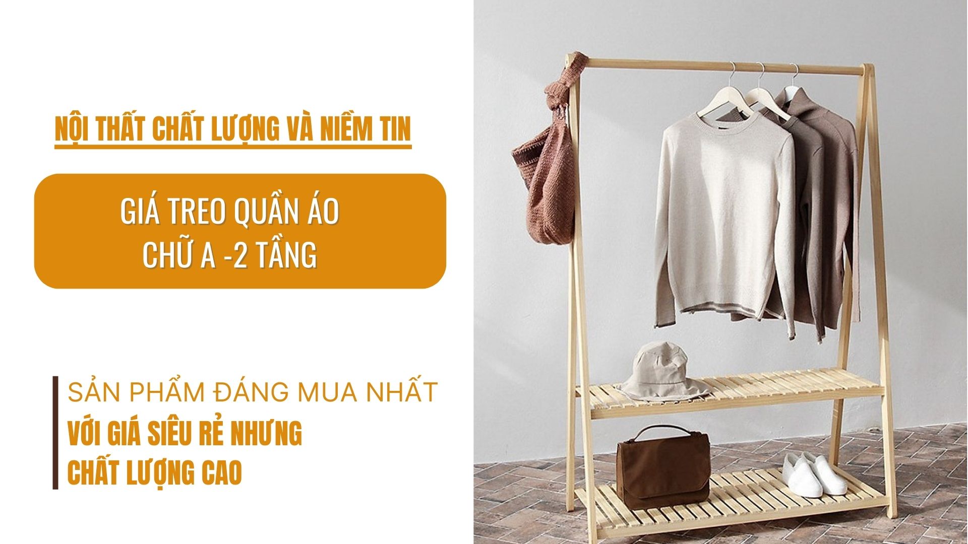 Kệ treo quần áo chữ A 2 tầng ngang 80 cm bằng gỗ cao su thiên nhiên-Gía treo đồ cứng cáp an toàn-chắc chắn