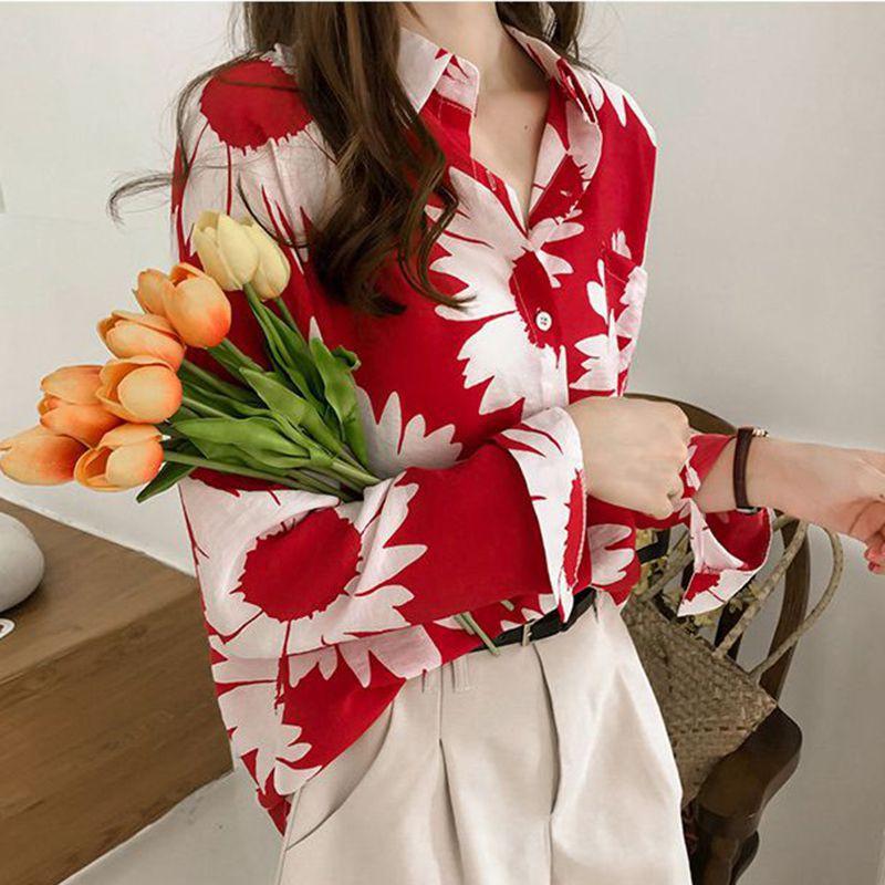 Áo kiểu vải voan cổ chữ V họa tiết dễ thương phong cách Vintage thời trang nữ