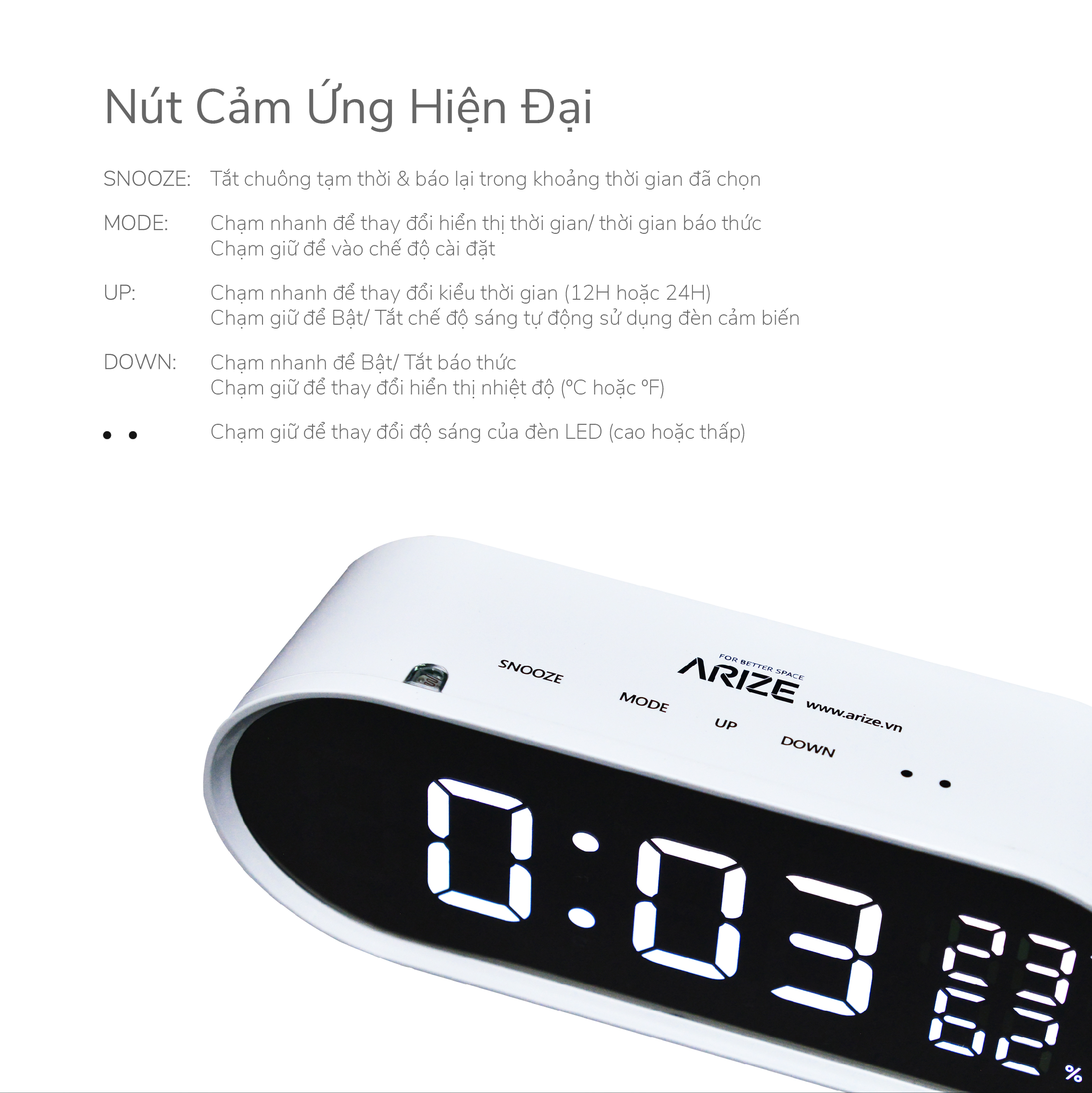 Đồng Hồ Để Bàn Thông Minh ARIZE Bandiz Mirror Digital Desk Clock - Hàng Chính Hãng