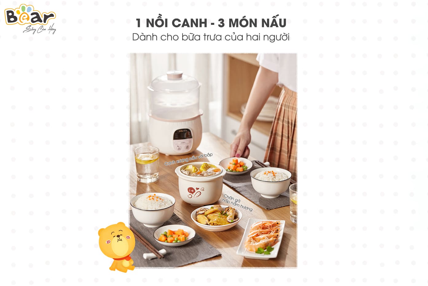 Nồi Ninh, Hấp, Nấu Cháo, Nấu Đồ Ăn Dặm Cho Bé 4 Trong 1 BEAR SUBE001 Có Lồng Hấp Dung Tích 0.8 L Công Suất 200W - Hàng Chính Hãng