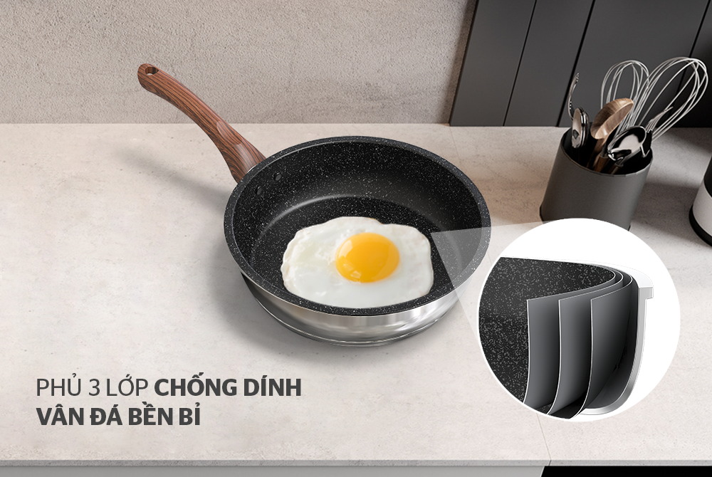 Chảo inox 304 5 đáy vung kính chống dính vân đá Sunhouse IN20ME5 - Hàng chính hãng