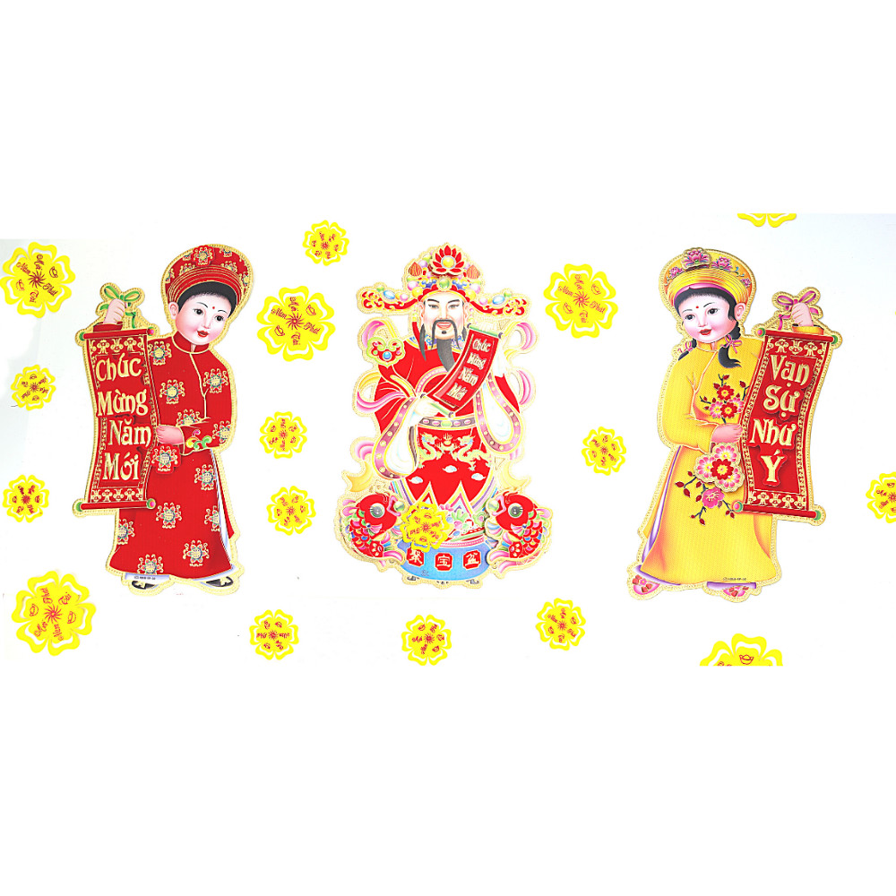 Combo Bộ Hình Dán Nổi Trang Trí Tết 2021 Ông Thần Tài Và Bé Trai Bé Gái Mặc Áo Dài - Kèm 18 Hình Dán Hoa Mai Dẻo Tặng 2 Decal Giấy Nhung Đỏ Lớn
