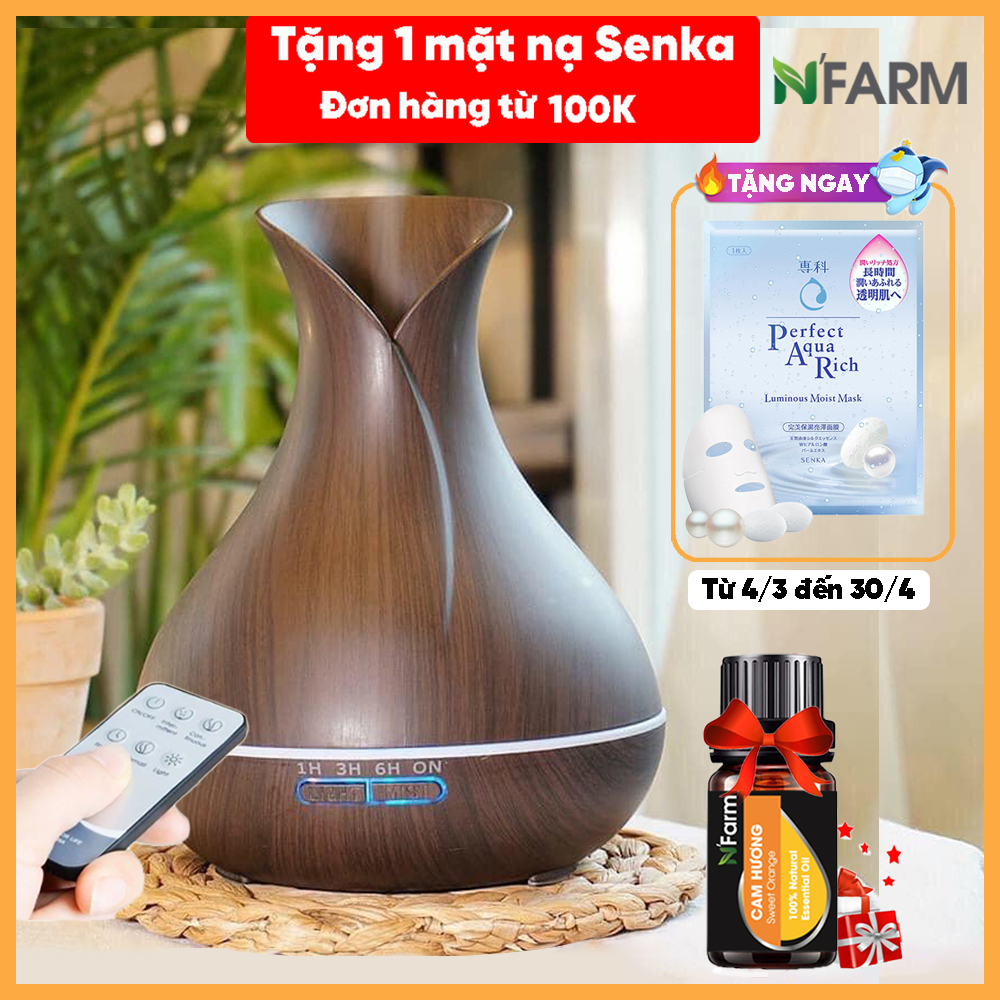 Combo máy khuếch tán, máy xông tinh dầu NFarm hình bình hoa + tinh dầu cam hương N'Farm (10ml)/ Phun sương sóng siêu âm/ Có remote điều khiển