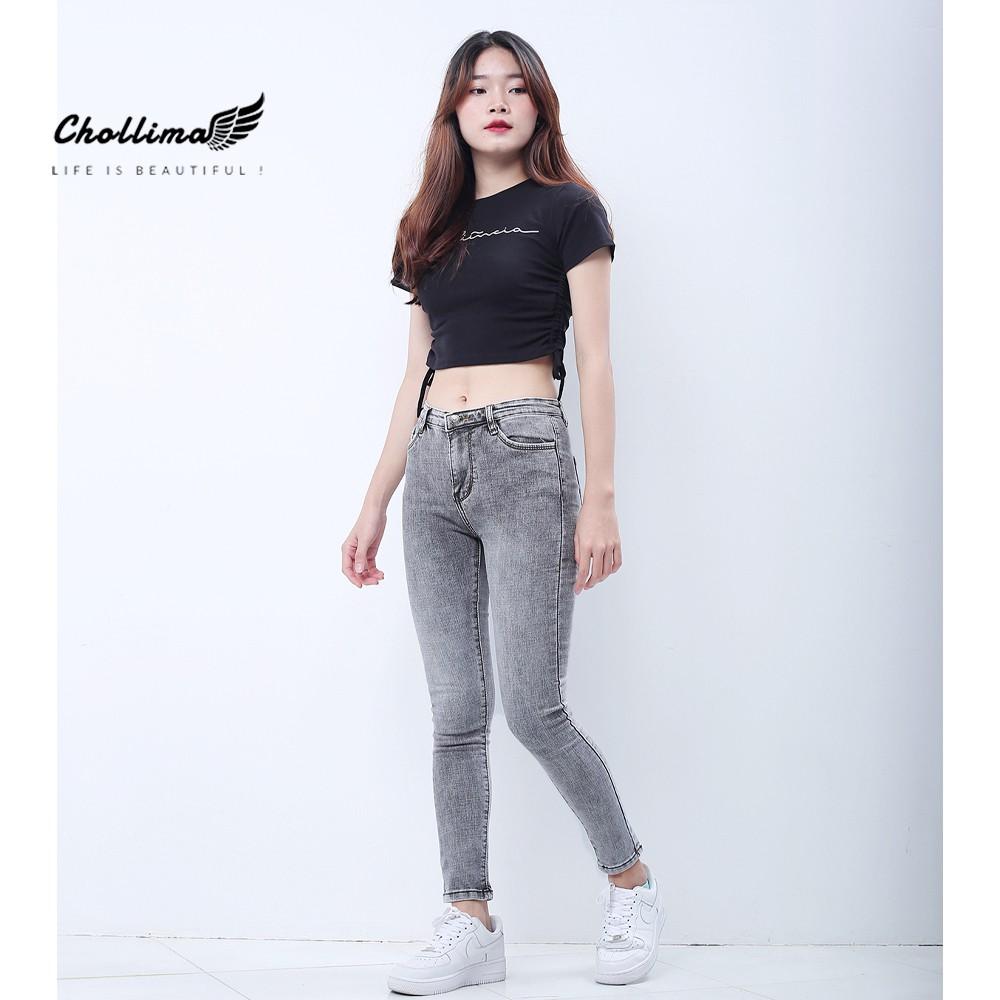 Quần jeans dài nữ co giãn Chollima cạp thường màu xám trắng QD029