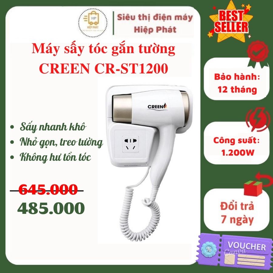 Máy sấy tóc gắn tường CREEN CR-ST1200, sấy nhanh khô, ion âm dưỡng ẩm không hại tóc - Hàng chính hãng