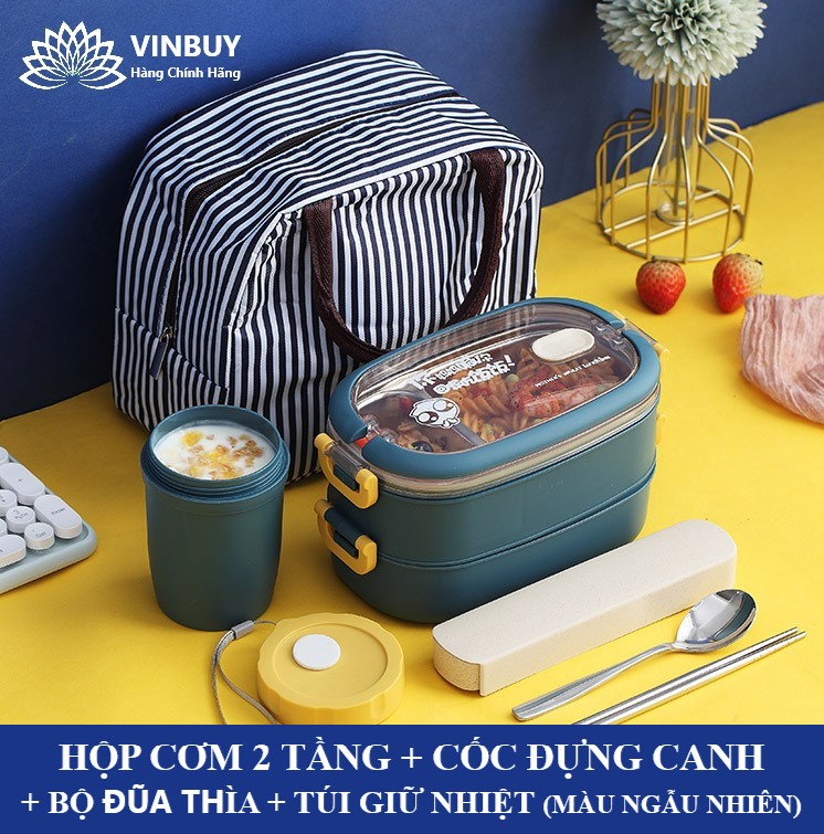 Hộp Cơm Giữ Nhiệt INOX304 Hiện Đại Kèm Hộp Đựng Canh Soup và Bộ Đũa Thìa INOX  Chất Liệu Cao Cấp An Toàn Cho Sức Khỏe  Hàng Chính Hãng Vinbuy  - Xanh Navy - Đủ Bộ Hộp Cơm 2 Tầng  Túi Giữ Nhiệt  Cốc Canh  Đũa Thìa