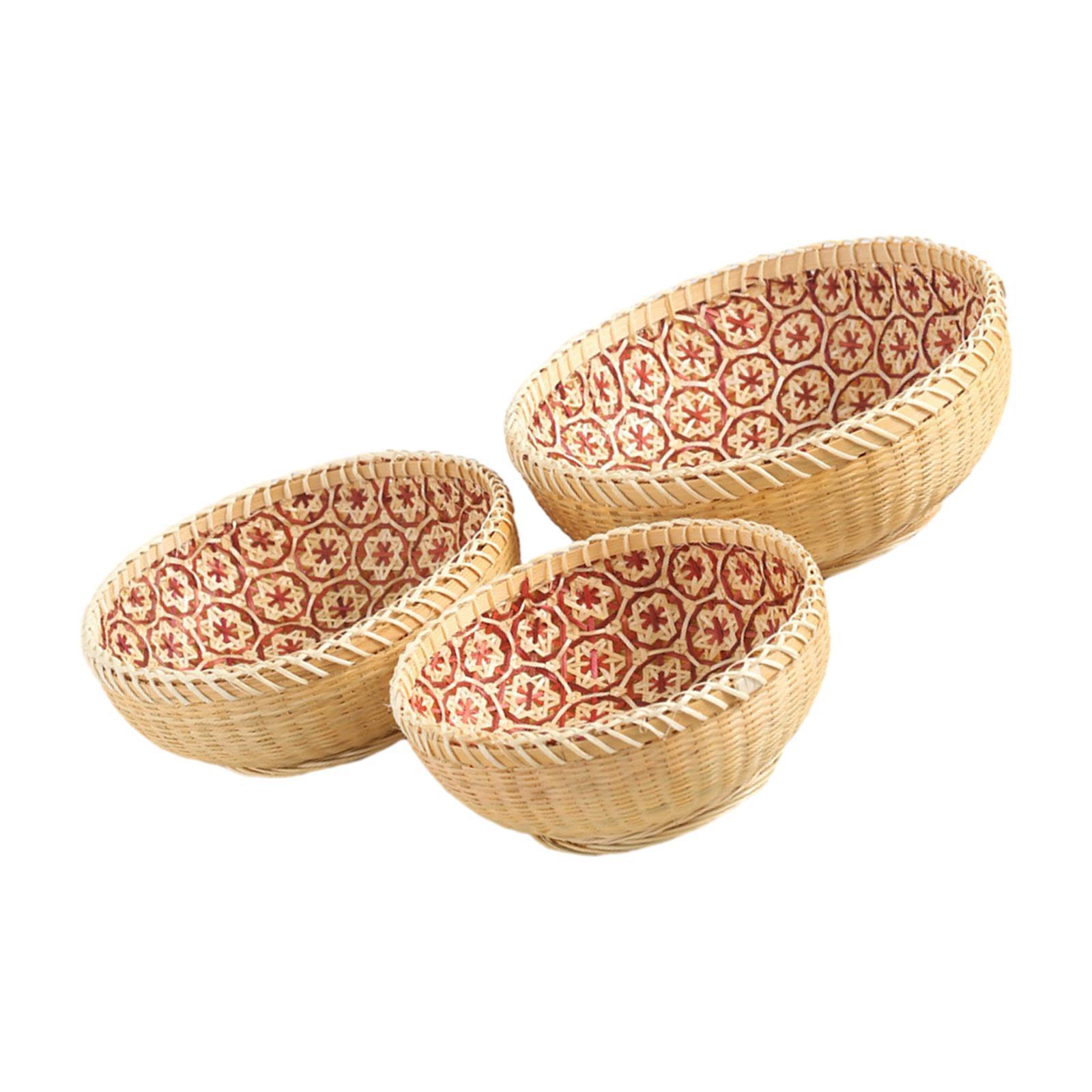 3x Bamboo Woven Basket Food Storage Tray Bread Basket Rattan Storage Basket