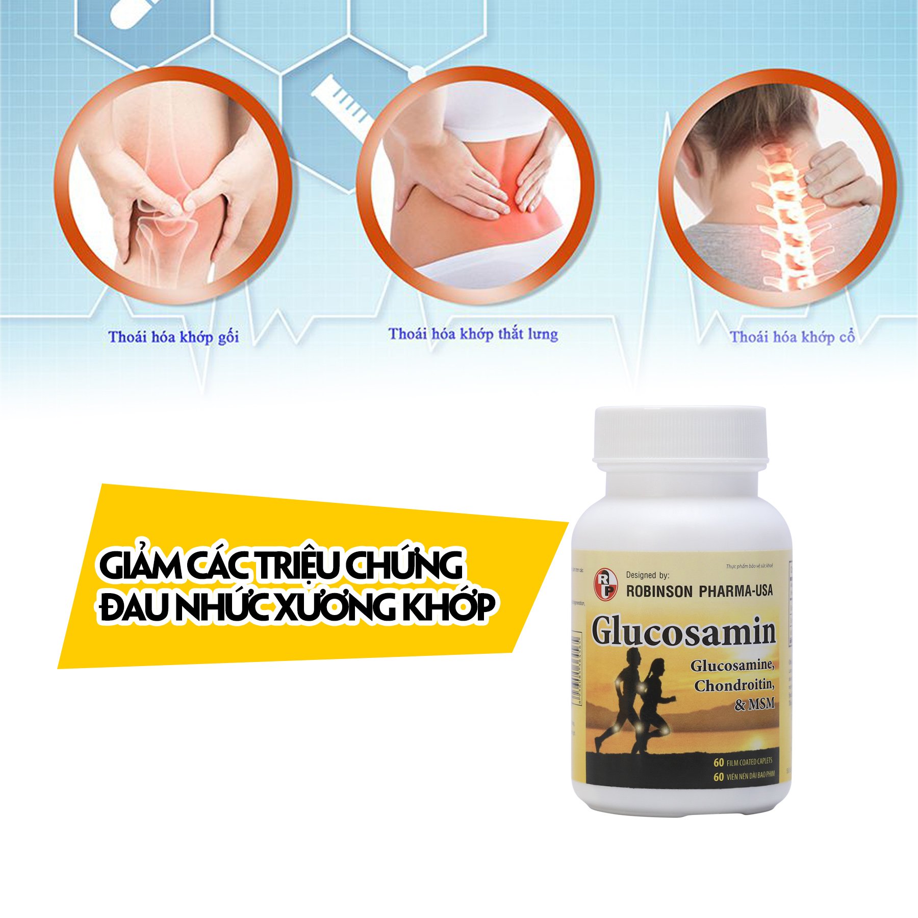 Viên uống TPCN GLUCOSAMIN giúp ngăn ngừa và hạn chế viêm khớp,bôi trơn các khớp xương,hỗ trợ làm giảm triệu chứng khô khớp,thoái hóa khớp-chai 60 viên