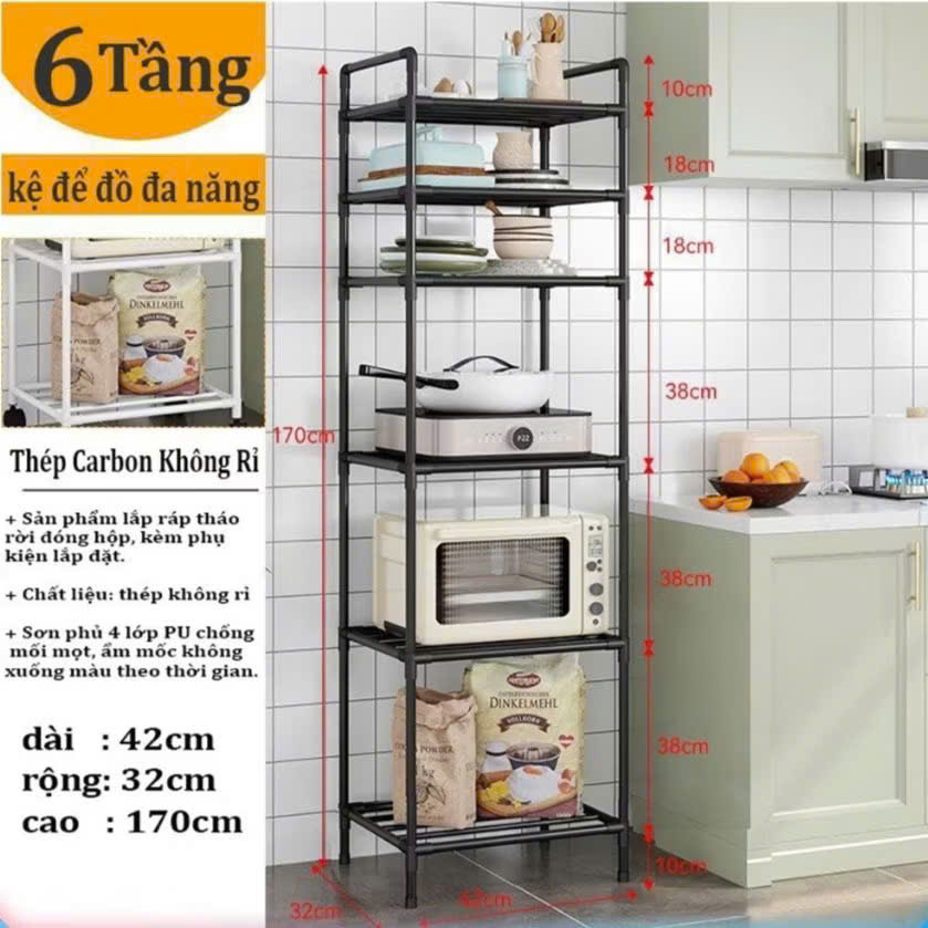 Kệ Nhà Bếp, Kệ Phòng Khách 6 Tầng Đa Năng, Khung Thép Carbon Sơn Tĩnh Điện Chống Rỉ - HÀNG CHÍNH HÃNG MINIIN