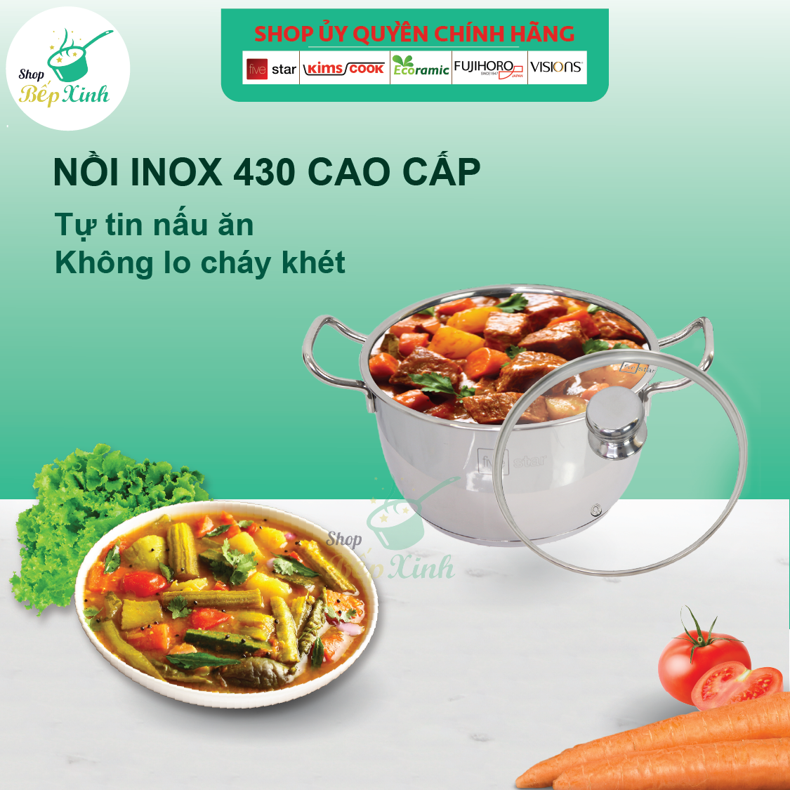 Bộ nồi inox và chảo chống dính cao cấp Fivestar 4 món 3 đáy từ , nắp kính ( tặng 1 vá canh)