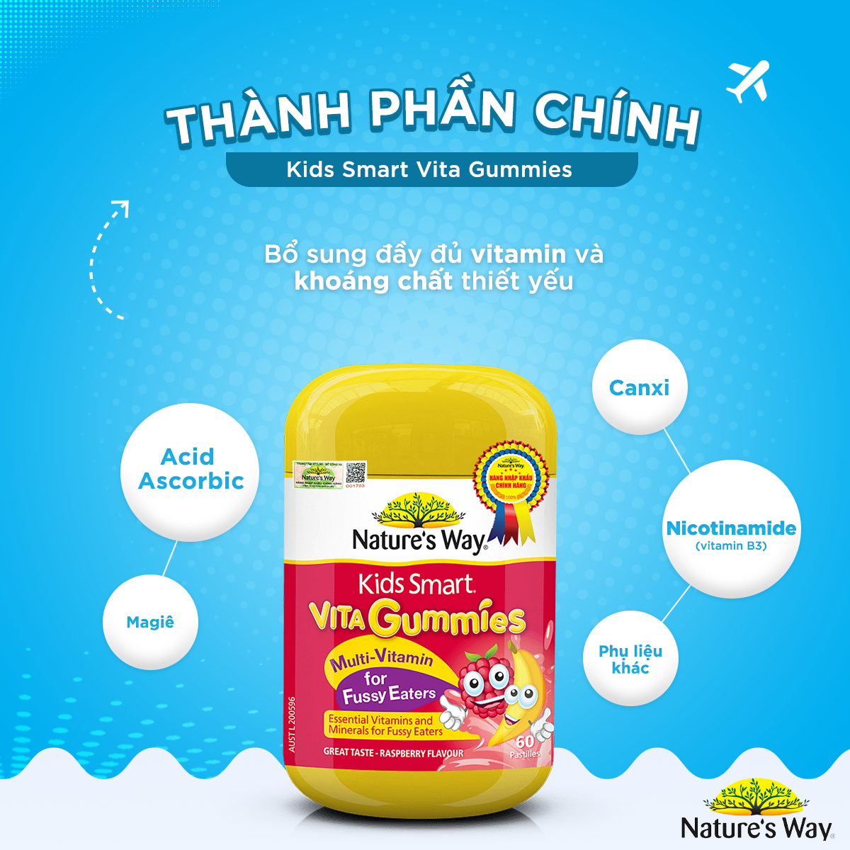 Combo 2 Kẹo Dẻo Cho Bé Nature's Way Kids Smart Vita Gummies Calcium + Vitamin D Và Multi Vitamin for Fussy Eaters