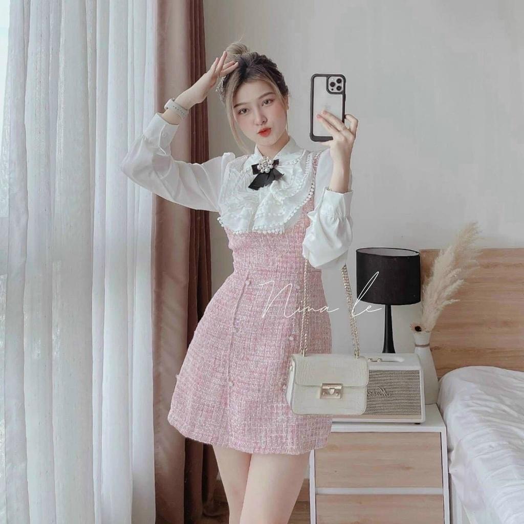 Đầm dạ bố hồng phối trắng tao nơ cổ váy ngắn xòe tay dài tiểu thư nina lê