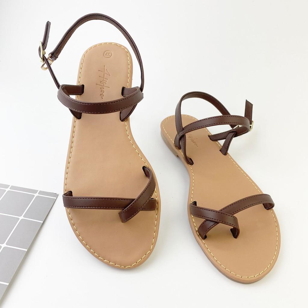 Dép sandal nữ quai dây mảnh đế bệt xỏ ngón thấp 1 cm đi biển thời trang cao cấp Hishoo S059