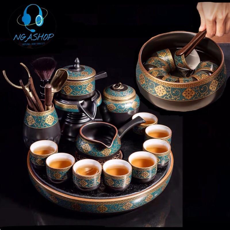 Combo-Khay + Bộ ấm chén pha trà đẹp cối xay gốm sứ cao cấp , Bộ chén uống trà đạo 19 chi tiết hoa cẩm xanh , chén trắng