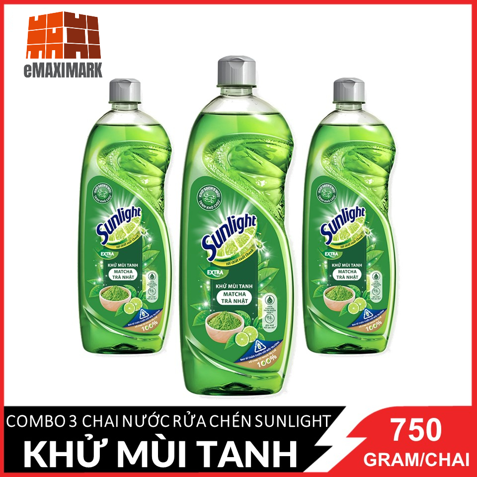 COMBO 3 chai Nước rửa chén Sunlight Trà xanh Chai 750g