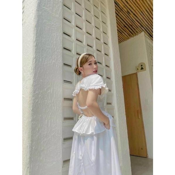 Đầm midi trắng peplum bèo hở lưng