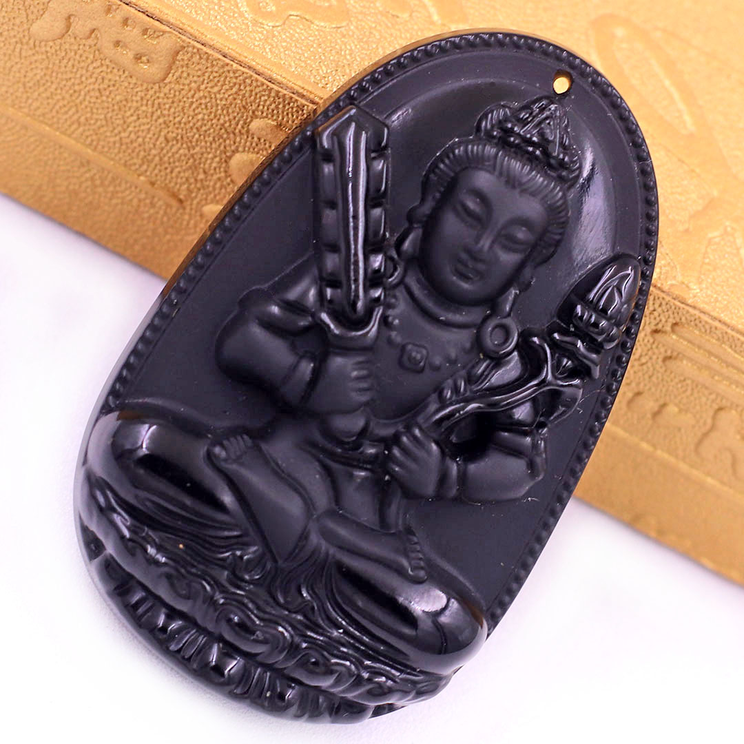 Mặt Phật Hư không tạng đá thạch anh đen 3.6 cm kèm móc và dây chuyền inox, Mặt Phật bản mệnh