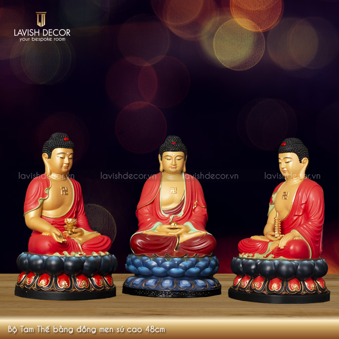 Bộ Tam Thế bằng đồng men sứ cao 48cm