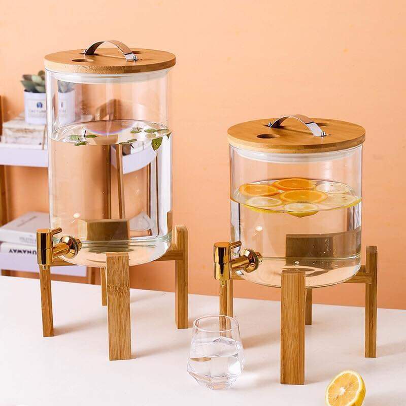 BÌNH THỦY TINH ĐẾ GỖ ĐỰNG NƯỚC HOA QUẢ