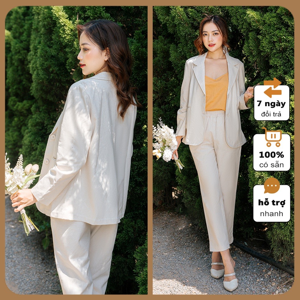 Áo vest blazer nữ suông nhẹ cao cấp Đũi Việt màu be muối tiêu vintage, chất vải linen mịn thoáng,phong cách thời trang công sở DV08