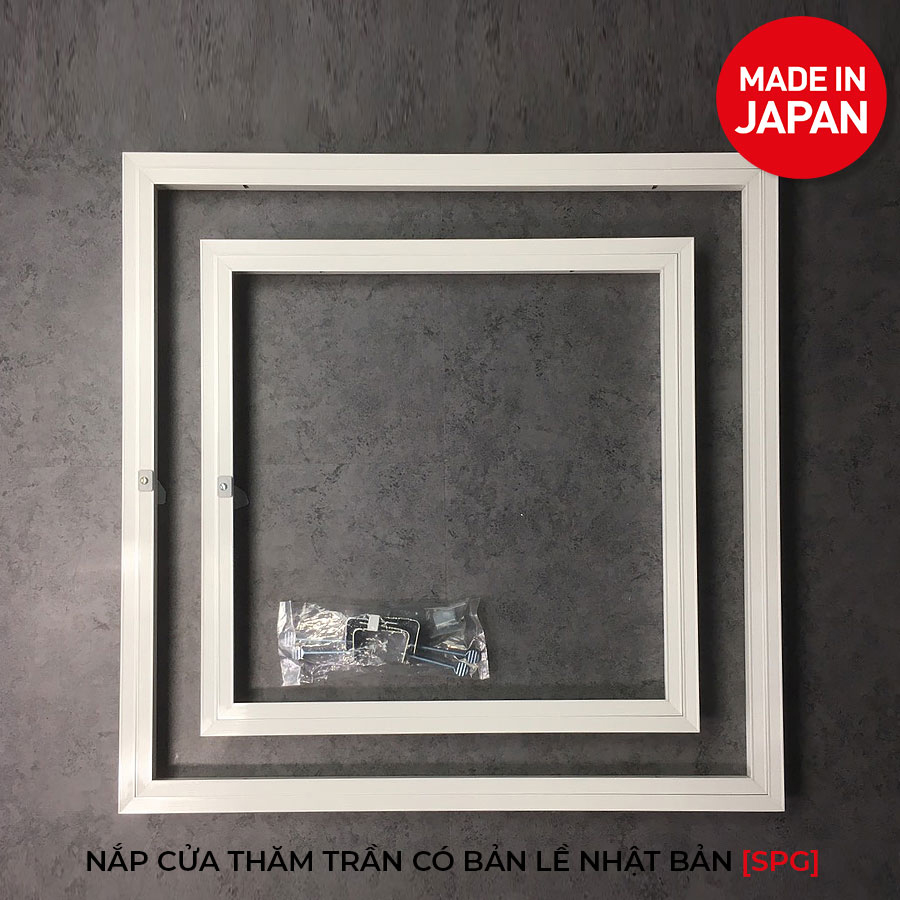 Nắp cửa thăm trần thạch cao 45x45cm SPG-68345 - Nhật Bản, Khung nhôm có bản lề mở thả xuống, sơn tĩnh điện màu Trắng.