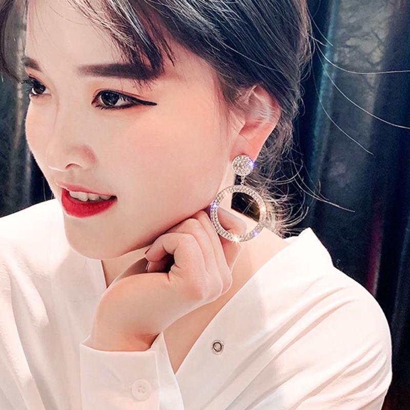 Bông tai mặt tròn đính đá bản to, khuyên tai dự tiệc