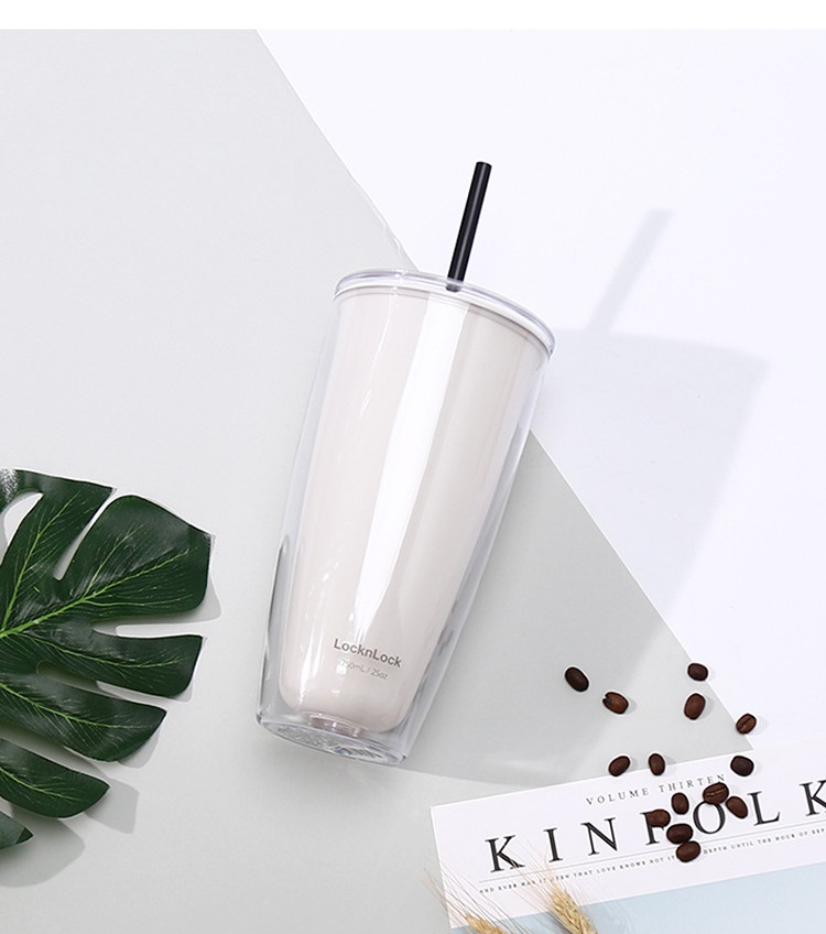 Ly nhựa 2 lớp Lock&Lock màu trắng ngà HAP507IVY 750ml - Hàng chính hãng, có ống hút, có nắp đậy - JoyMall