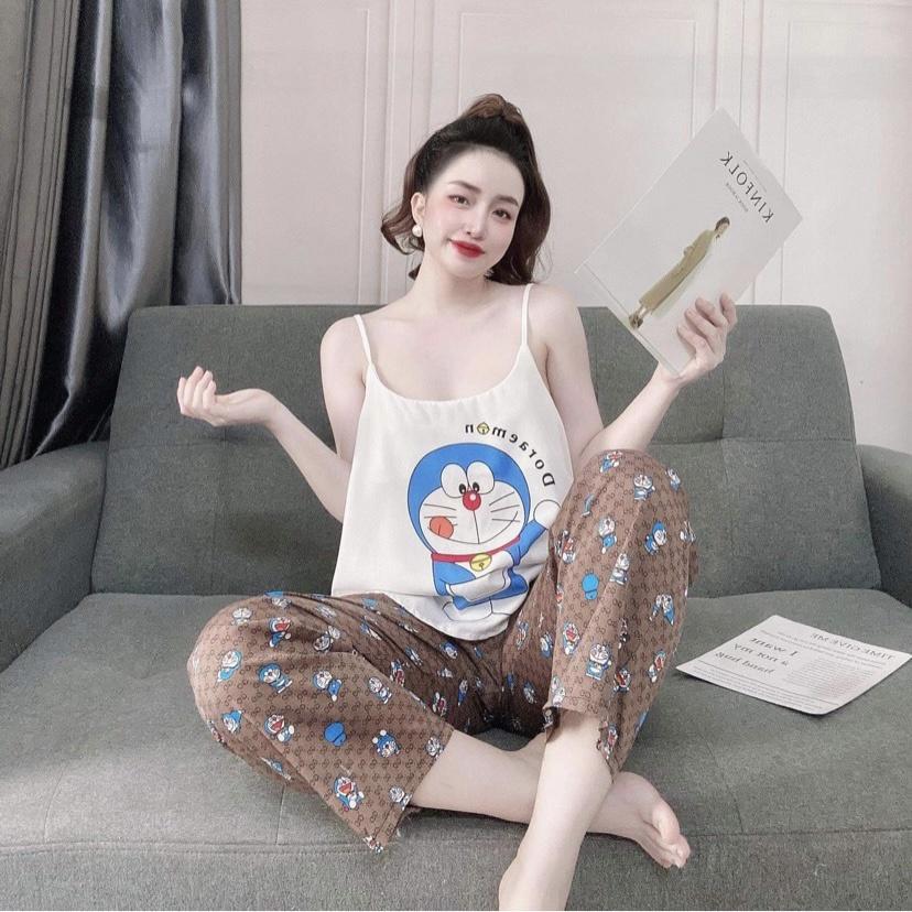 Đồ bộ nữ mặc nhà hai dâySet hai dây quần dài lụa họa tiết doraemon dễ thương FREESIZE 48-62KG