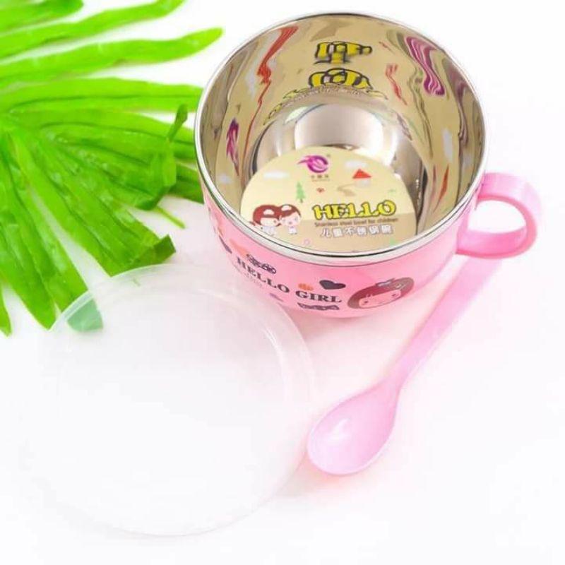 Bát ăn inox hai lớp chống nóng có nắp đậy kèm thìa cho bé