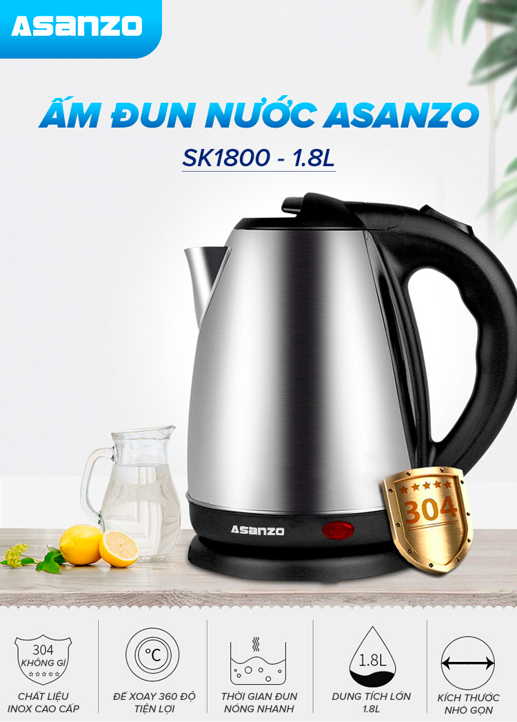 Ấm đun nước siêu tốc Asanzo SK1800-hàng chính hãng