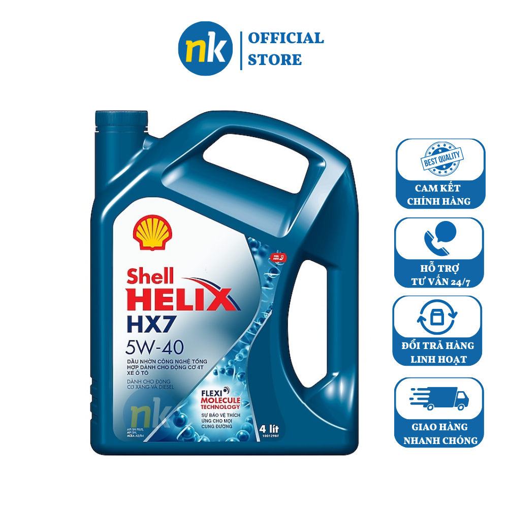 Nhớt ô tô, nhớt xe hơi máy xăng cao cấp SHELL HELIX HX7 5W-40 4L, chuyên dùng cho xe ô tô máy xăng, nhẹ máy, ít hao xăng