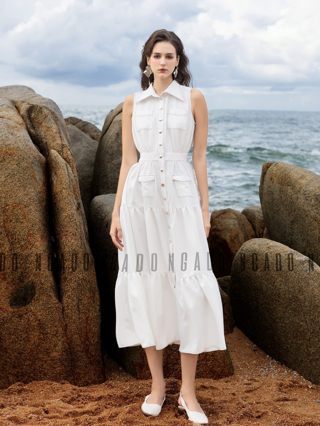 Đầm sơ mi trắng sát nách NGADO , đầm nữ , Đầm xòe vintage , Đầm dạo phố