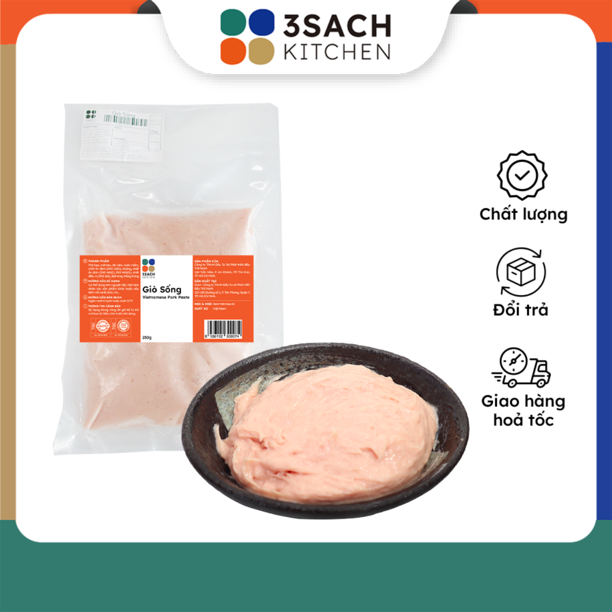 Giò Sống 3Sach Kitchen gói 250gr - Làm từ thịt nạc thăn và mỡ heo giã nhuyễn