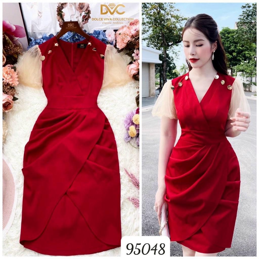 Đầm váy nữ ngắn dự tiệc cổ tim màu đỏ đính nút quý phái gợi cảm