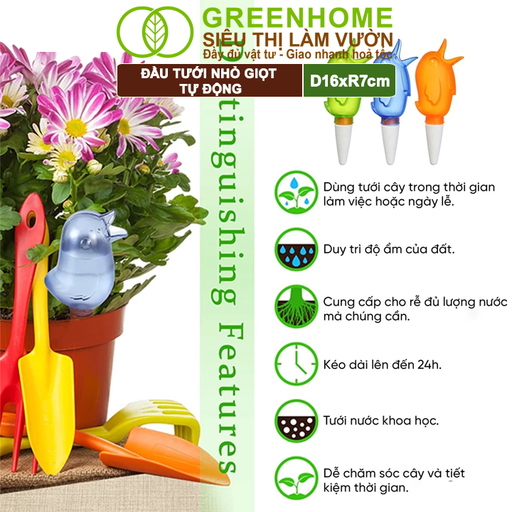 Đầu Tưới Nhỏ Giọt Tự Động GreenHome, D16xR7cm, Hình Con Chim, Tự Tưới Trong Thời Gian Dài, Tiện Dụng