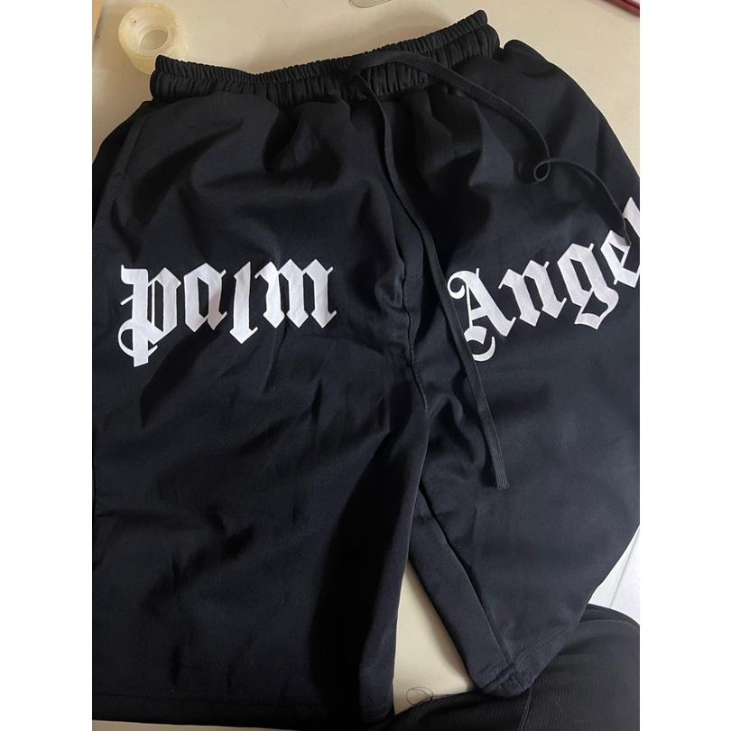 Quần short lửng thun nam đẹp màu đen in chữ Palm Angels thể thao lưng chun dây rút chất nỉ da cá 2 da dày xịn