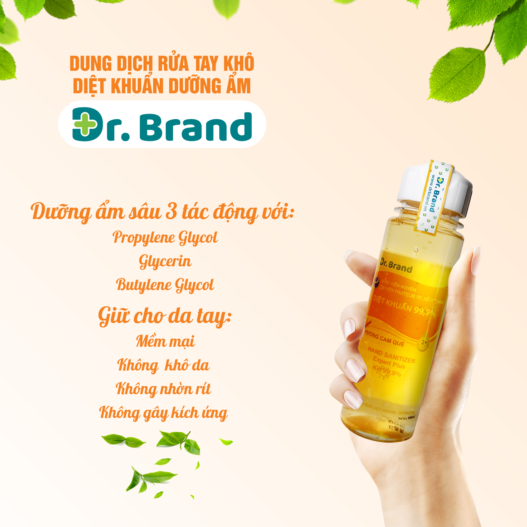 Nước rửa tay khô diệt khuẩn, diệt virus chuyên dùng cho nhân viên y tế, được kiểm nghiệm tại viện Pasteur Tp.Hồ Chí Minh – Dr.Brand – HƯƠNG CAM QUẾ