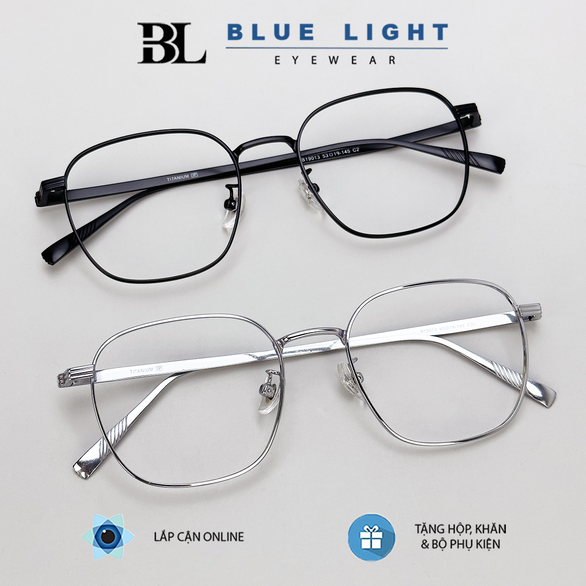 Gọng Kính Cận, Kính Giả Cận Nam Nữ TITANIUM Cao Cấp Siêu Nhẹ, Mắt Vuông To Dày Bản, Full Đen Bạc - BLUE LIGHT