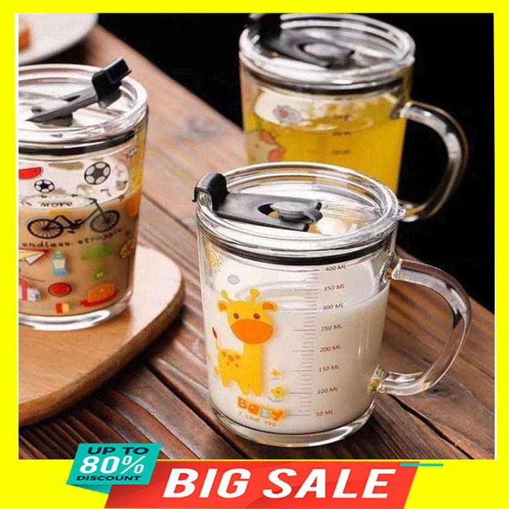 Cốc Pha Sữa 350ml Chịu Nhiệt Thủy Tinh Chia Vạch Có Nắp Và Ống Hút Tiện Lợi Cho Bé
