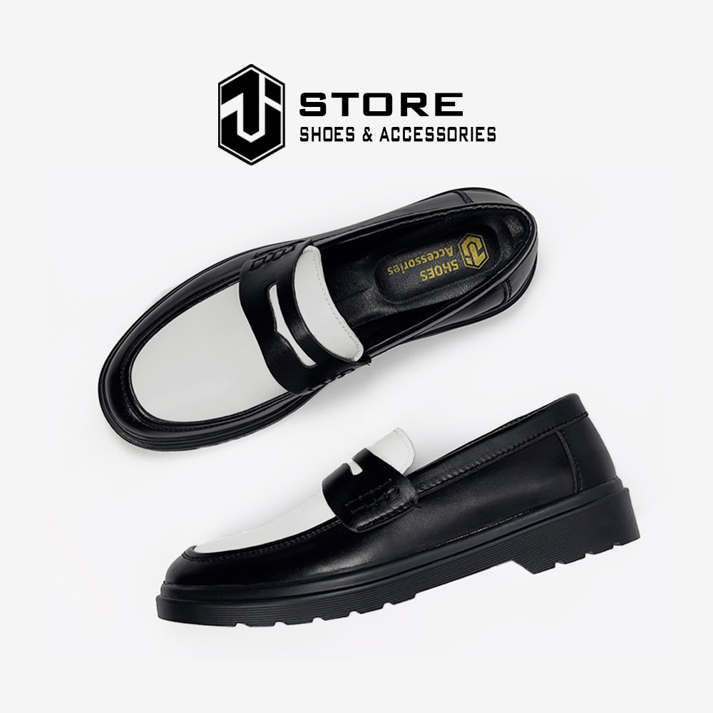 Giày Penny Loafer Black White Da Nguyên Tấm J1, Giày Lười Da Nam Sơn Tùng Đế Cao Su Đúc Nguyên Khối