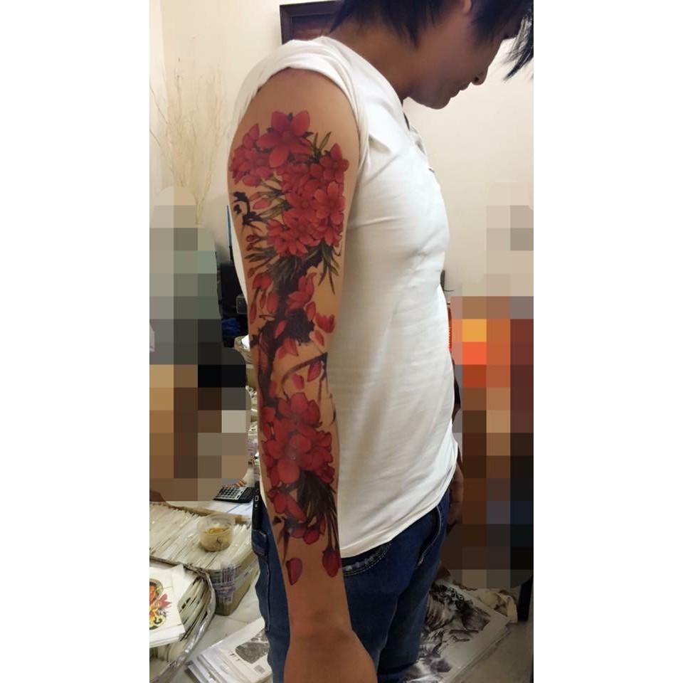Hình xăm dán hoa đào kín tay màu 17x48cm- tặng bắp tay mini 10x20cm khi mua từ 2 tấm bất kì