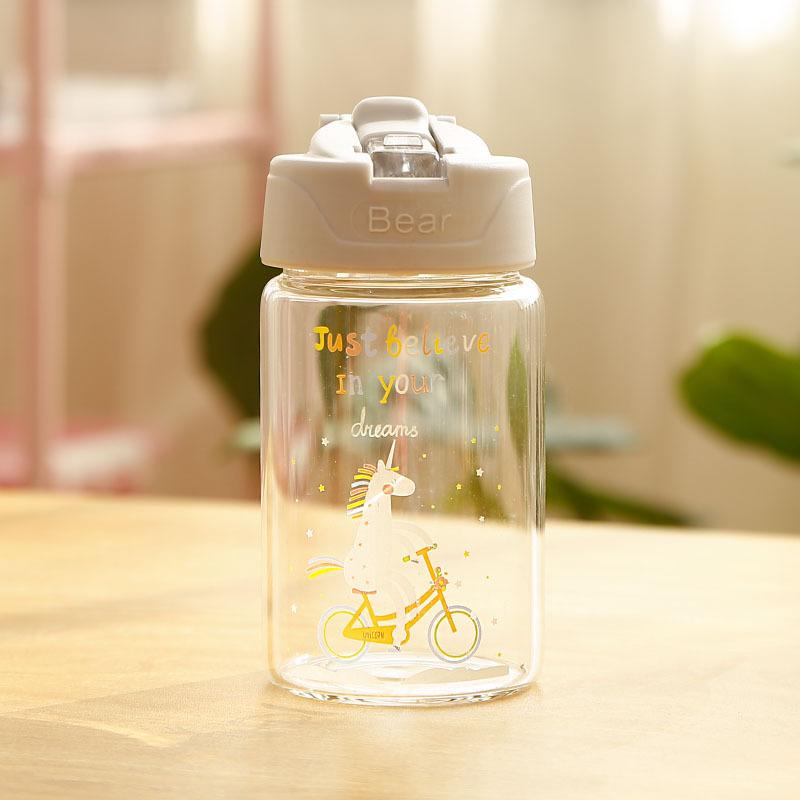 Kỳ Lân Bình Nước Thủy Tinh Cho Trẻ Em Có Ống Hút Và Lật Nắp Bé Gái Rò Rỉ Chống Du Lịch Uống Chai Không Chứa BPA 300ml, 400Ml