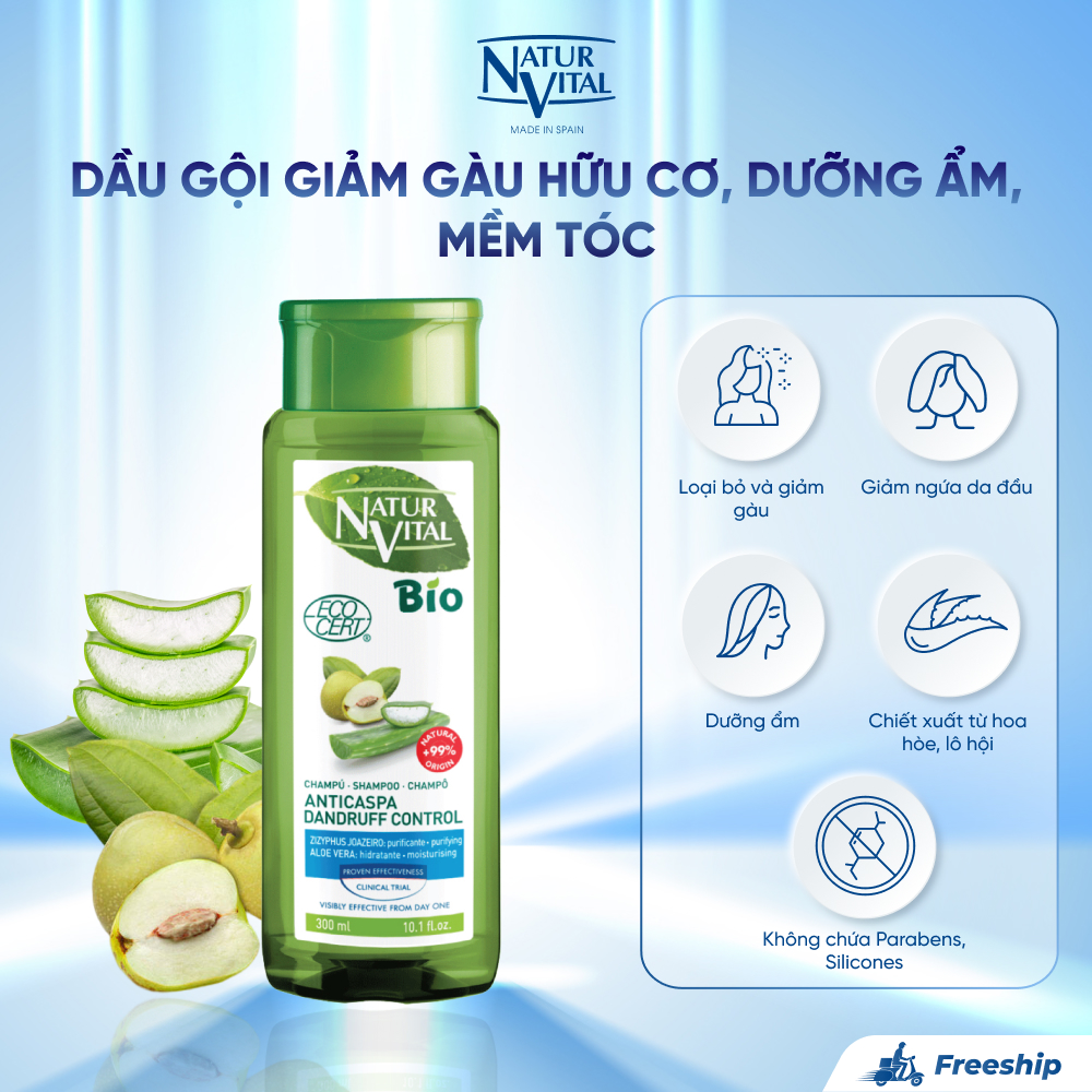 Dầu Gội Hỗ Trợ Giảm Gàu Hữu Cơ NaturVital Ecocert Anti Dandruff Giúp Dưỡng Ẩm, Nuôi Dưỡng & Làm Mềm Mượt Tóc