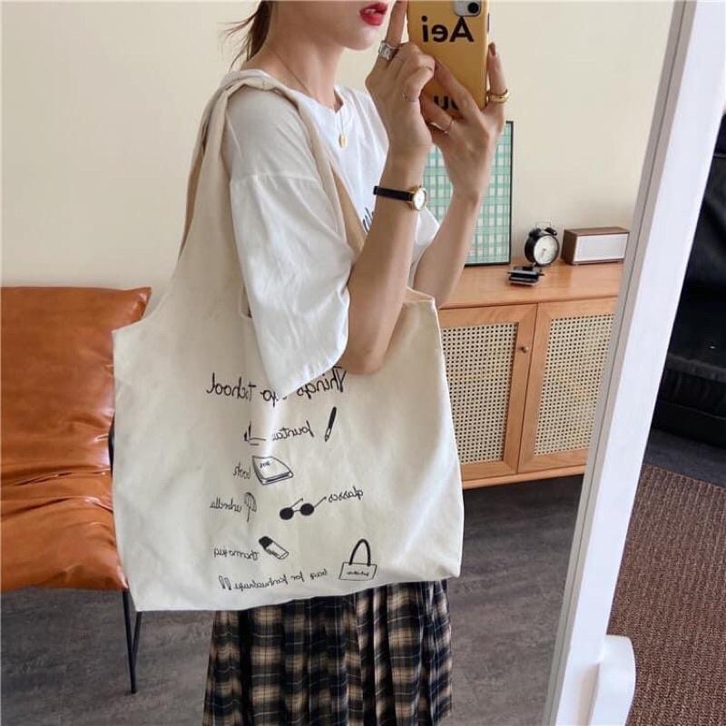 Túi Tote Canvas School dáng chữ A có ngăn phụ và nút bấm