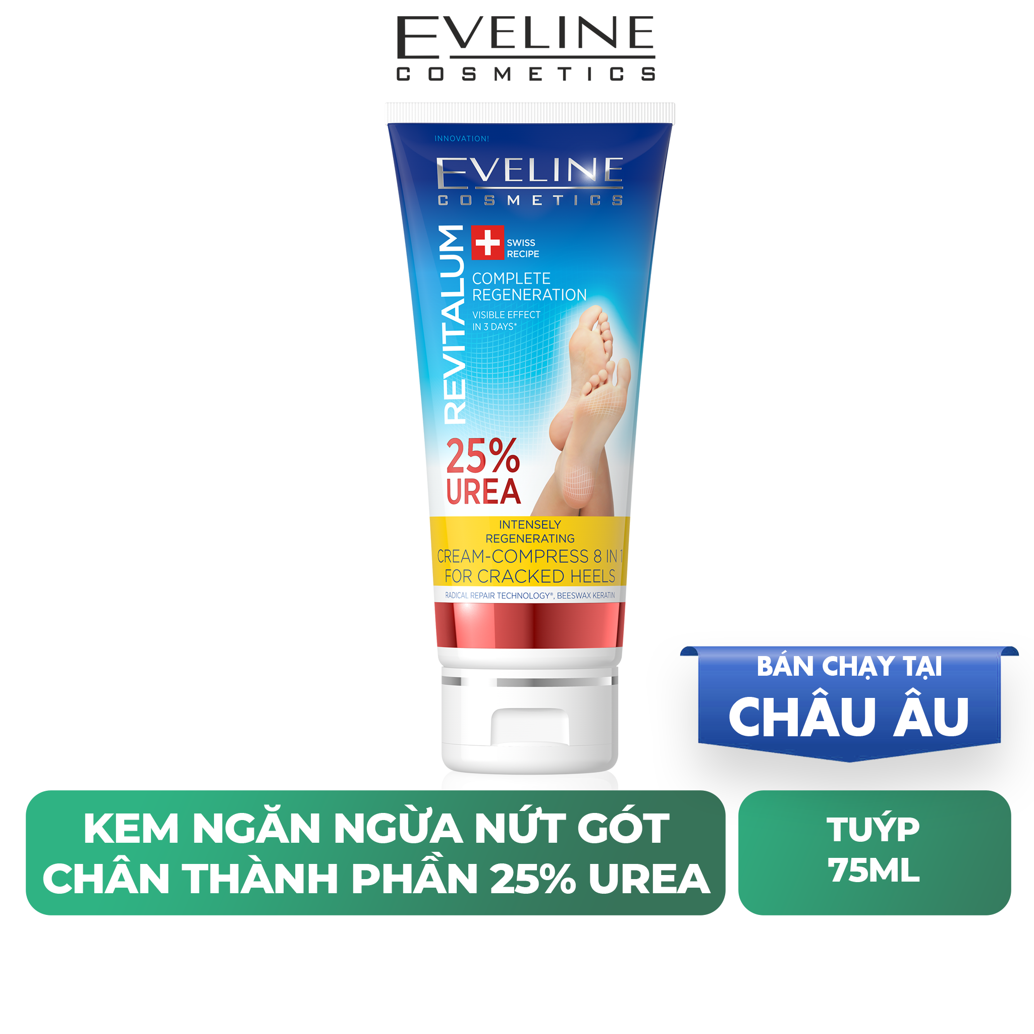 Kem ngừa nứt gót chân Eveline Revitalum Intensely Regenerating tăng tốc độ liền da, làm dịu kích ứng, ngăn ngừa nứt da, khiến da săn chắc ( Tuýp 75ml)