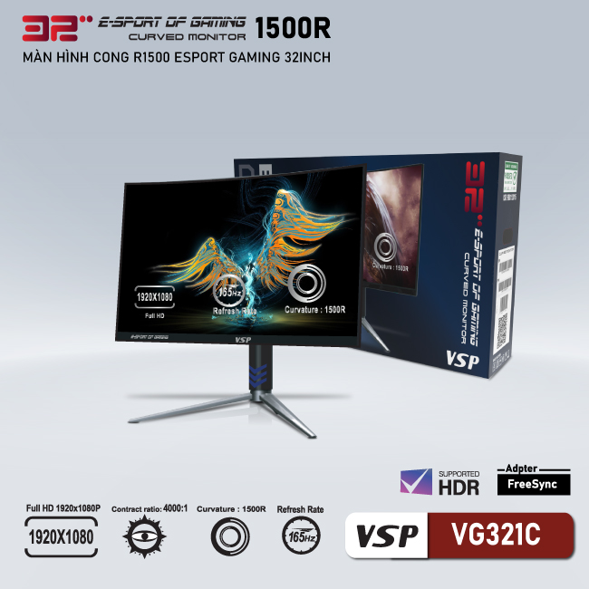 Màn hình Cong Gaming 32inch VSP VG321C (31.5&quot; FHD 165Hz, HDMI+DP) - Hàng chính hãng TECH VISION phân phối