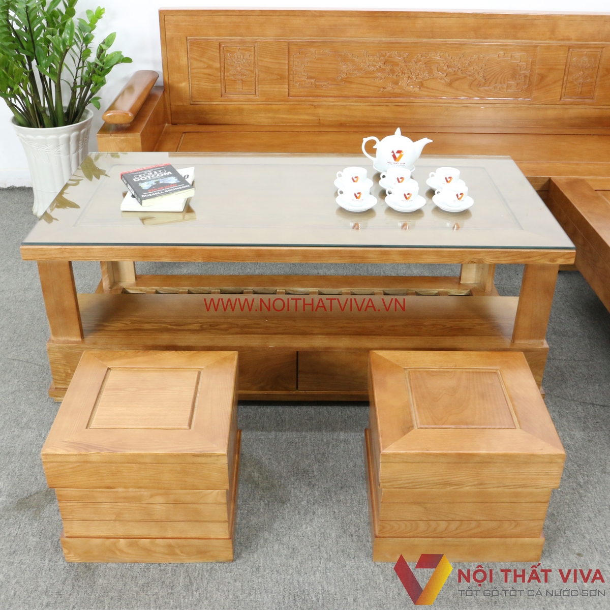Bộ Sofa Góc Gỗ Sồi Nga Chạm Hoa Văn 5 Món Hiện Đại Bền Đẹp Giá Rẻ