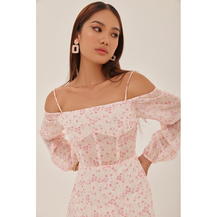 Nene Clothing - Đầm hoa hồng tay dài hở vai