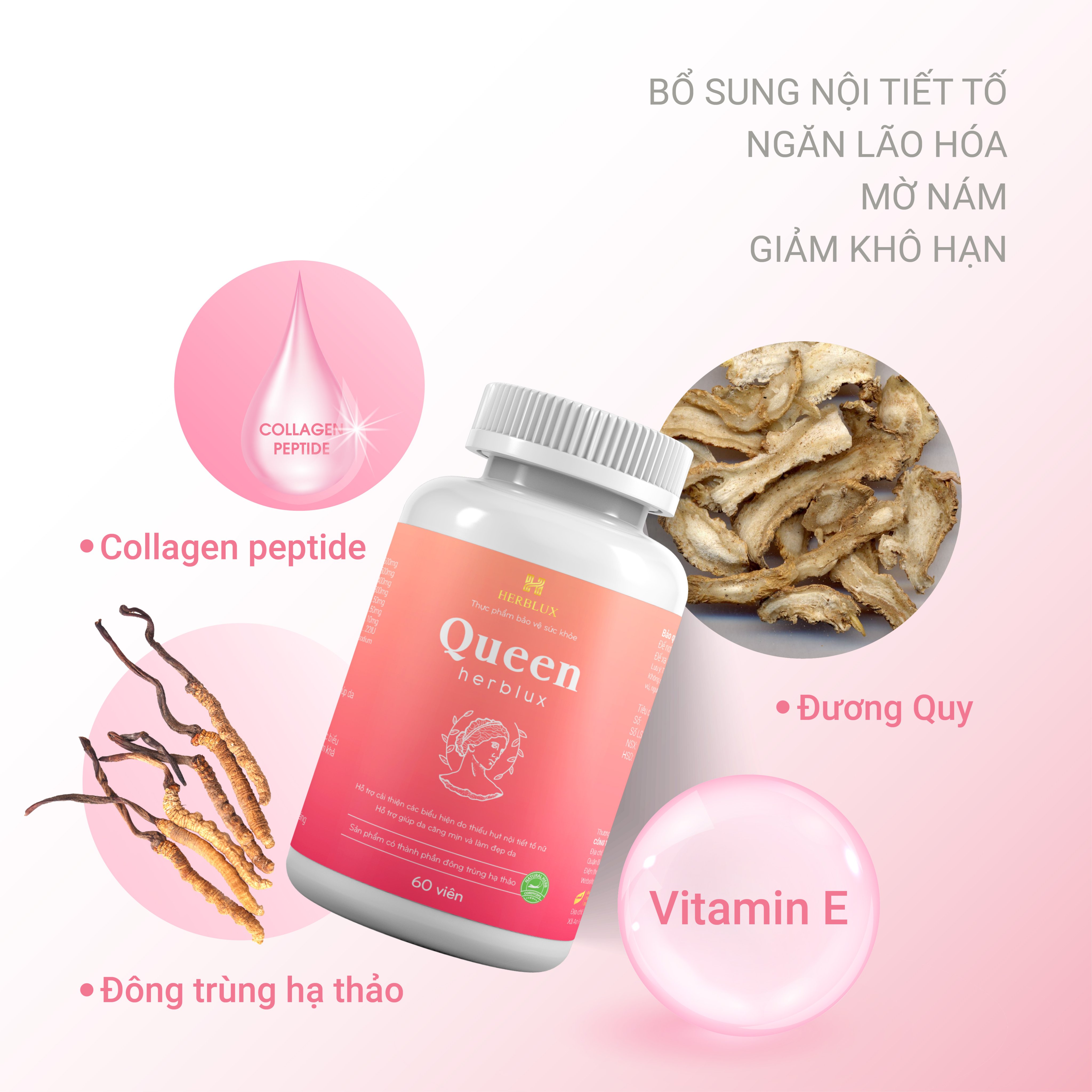 Viên uống tăng nội tiết tố nữ Queen Herblux, làm đẹp da, giảm nám, điều hòa kinh nguyệt